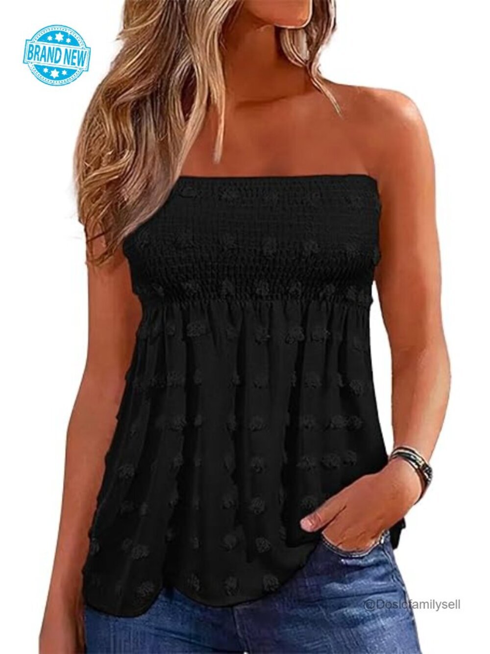 Pom Pom Shirred Backless Strapless Tube Top - Stretchy Sleeveless Tank